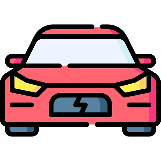 Icono de un coche rojo visto de frente y con faros amarillos.