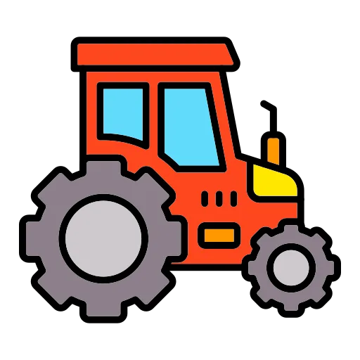 Icono de un tractor rojo con ventanas azules y ruedas grandes.
